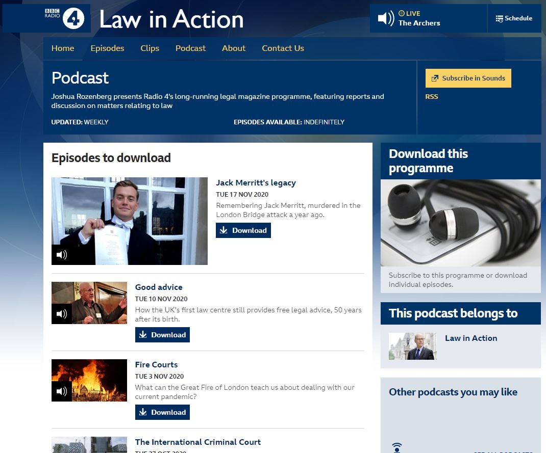 Law in Action podcast page on BBC Radio 4 website.