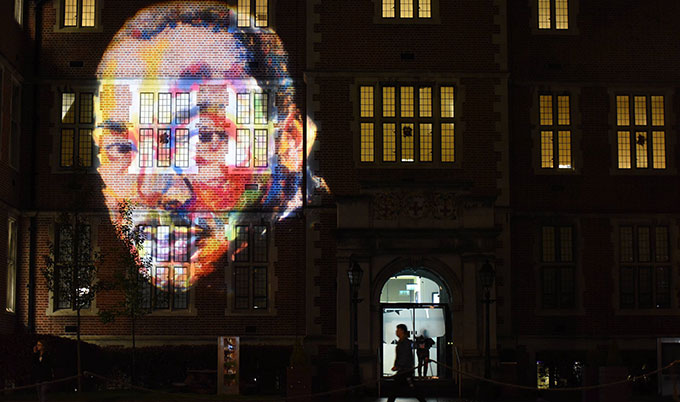 Image of Martin Luther King projected onto Newcastle University's Students' Union building