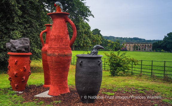 The Orangery Urns by Andrew Barton at Gibside, Tyne & Wear. Large scale ceramic vessel-like sculptures that weave a visual narrative around the story of Mary Eleanor Bowes, the Countess of Strathmore, and Gibside. © National Trust Images/Frances Warnell