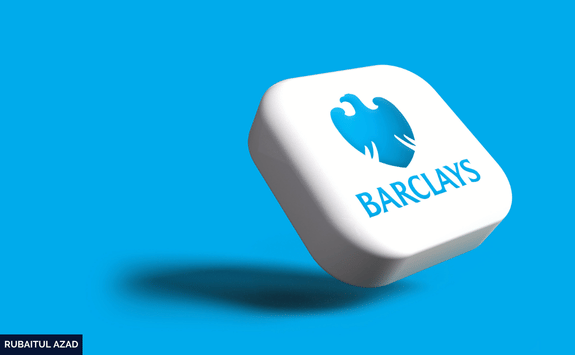 3D representation of the Barclays logo on a white tile against a blue background.	