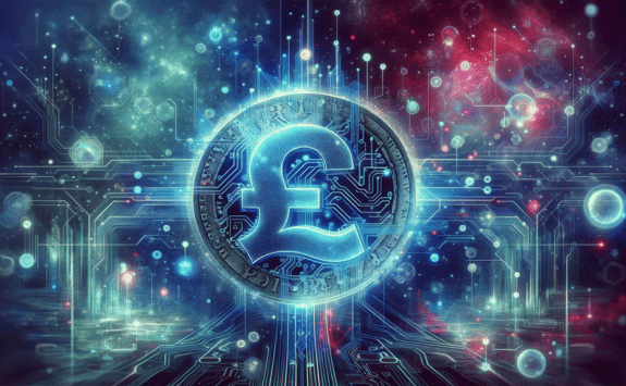 A futuristic digital artwork symbolizing the "digital pound" with glowing networks and holographic British Pound Sterling symbols. Central is a luminous digital pound coin hologram amidst blue and green data streams, set against a deep space-cyberspace backdrop.