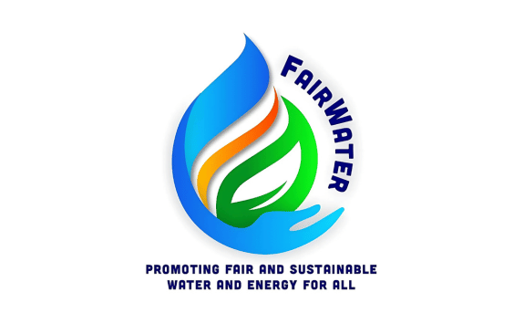 FairWater logo featuring a water droplet with a green leaf and an orange flame inside, accompanied by the text 