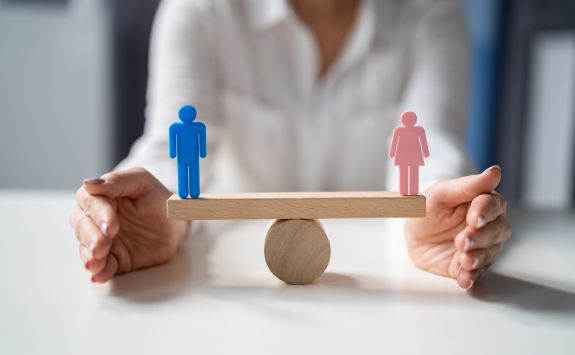 A close-up of a wooden scale with blue and pink human figures on either side, representing gender balance, with hands supporting the scale.