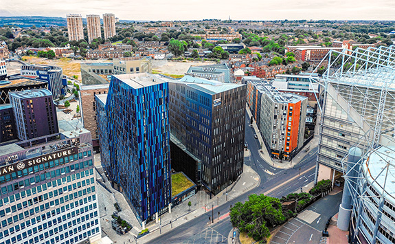 A drone shot of the Business School