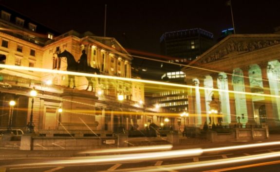 Bank of England and Royal Exchange at twilight.