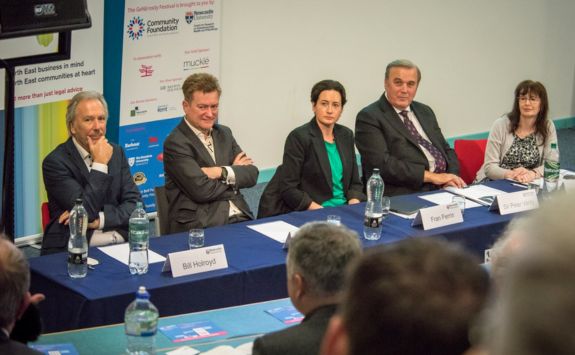 A panel discussion featuring Bill Holroyd, Sir Paul Marshall, Fran Perrin, Sir Peter Vardy, and chaired by Professor Mairi Maclean. The panellists are seated behind a table with microphones, with audience members visible in the foreground.