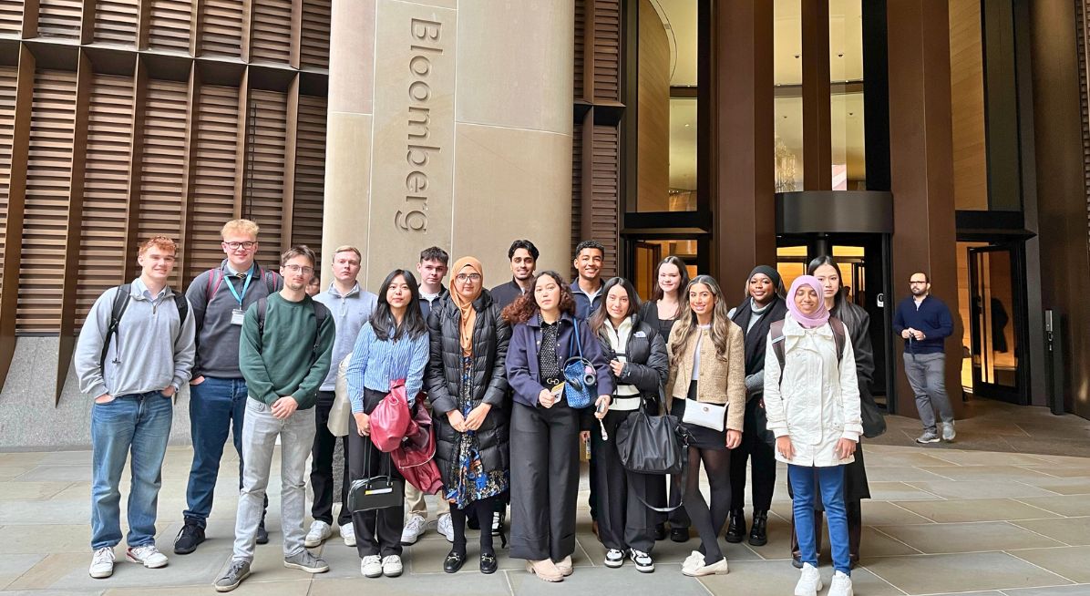 A group of students visiting Bloomberg headquarters during the student trek