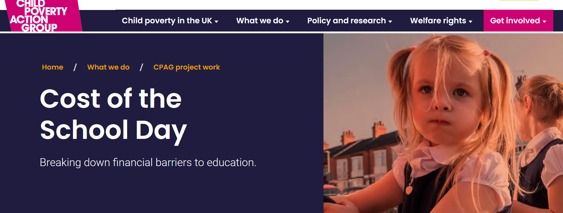 A screenshot from the 'Child Poverty Action Group' website