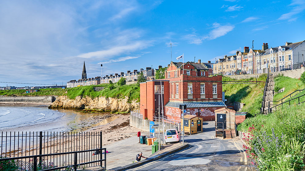 Outside the Dove Marine Lab on Cullercoats beach.